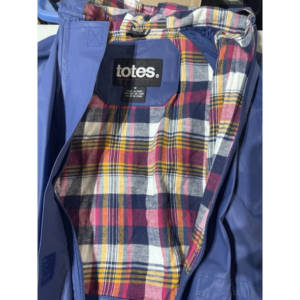 Totes Blue‎ Rain Jacket Slicker PVC Plaid Flannel Lined Women Size Medium